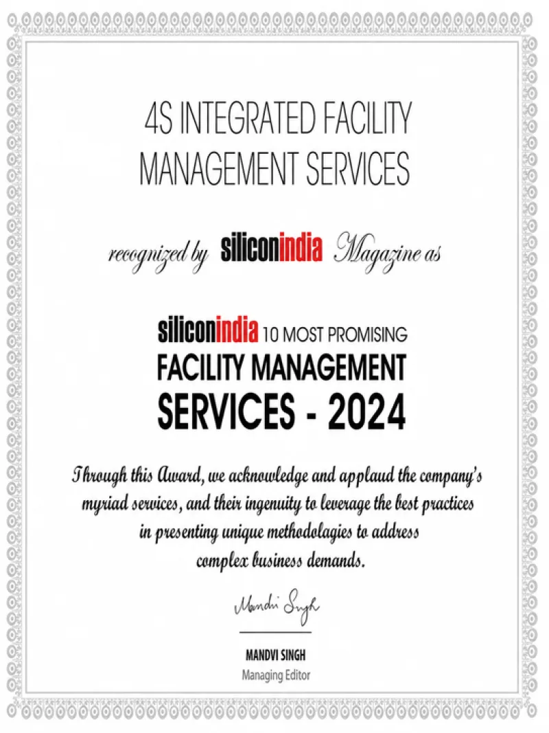 SiliconIndia award certificate: 4S Integrated Facility Management Services recognised among the 10 Most Promising Facility Management Services 2024